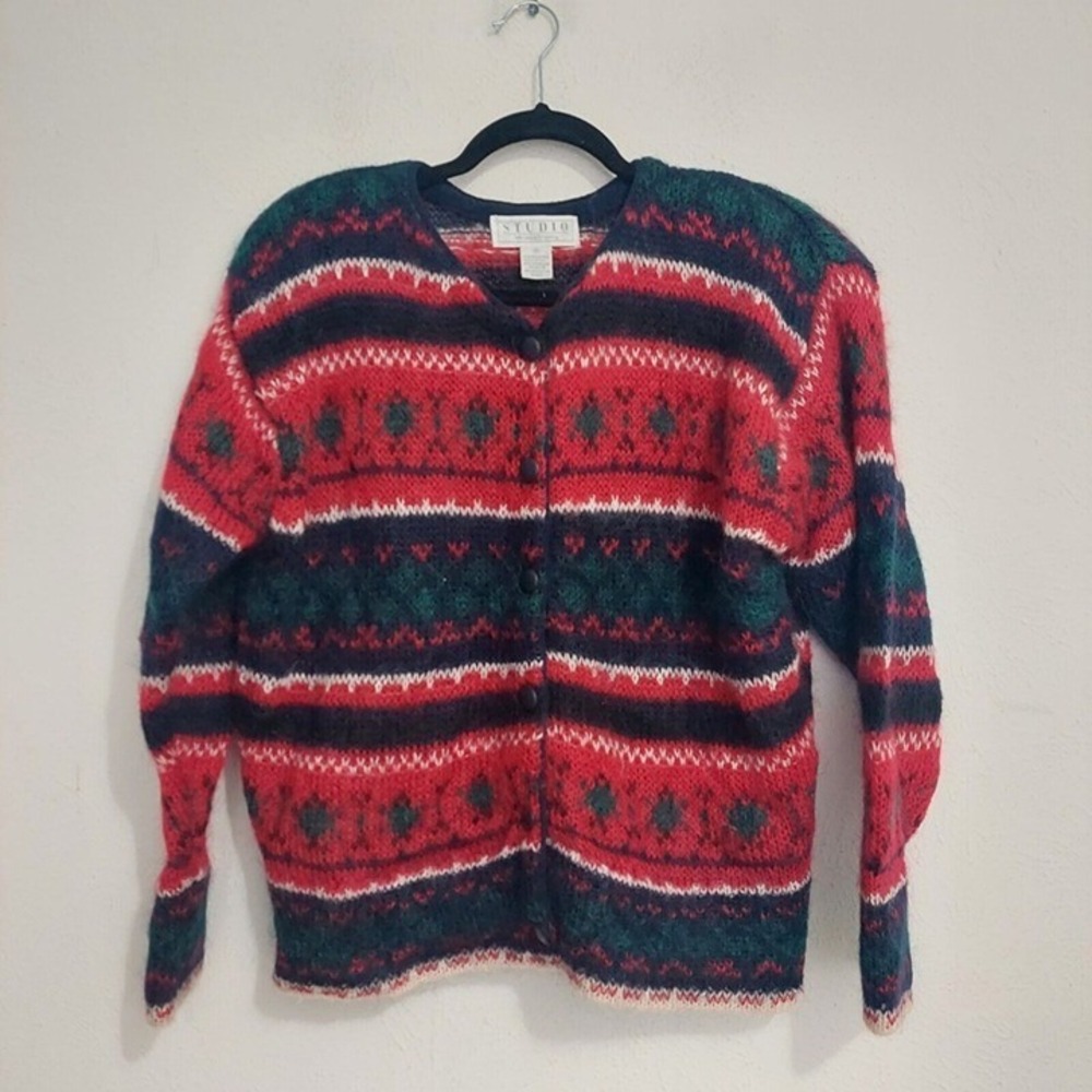 Michelle Stewart Studio VTG 90s Cardigan Fair Isle Mohair Blend Size M Button Up